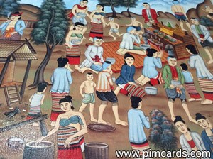 ภาพเขียนจำลองชาวบ้านที่เลื่อมใสพากันมากราบไห้วองค์พระแก้วมรกต